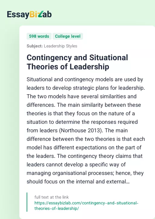 Contingency and Situational Theories of Leadership - Essay Preview