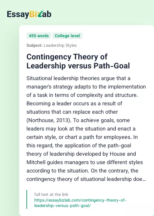 Contingency Theory of Leadership versus Path-Goal - Essay Preview