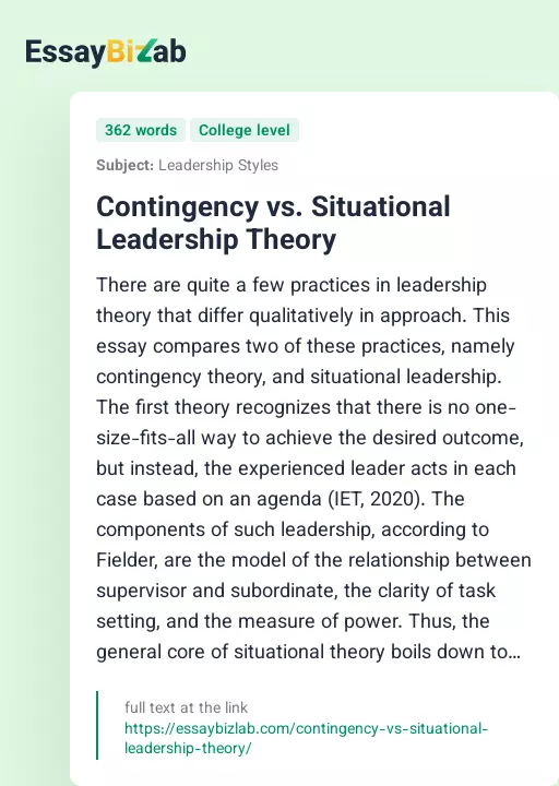 Contingency vs. Situational Leadership Theory - Essay Preview