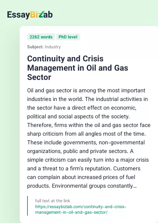 Continuity and Crisis Management in Oil and Gas Sector - Essay Preview