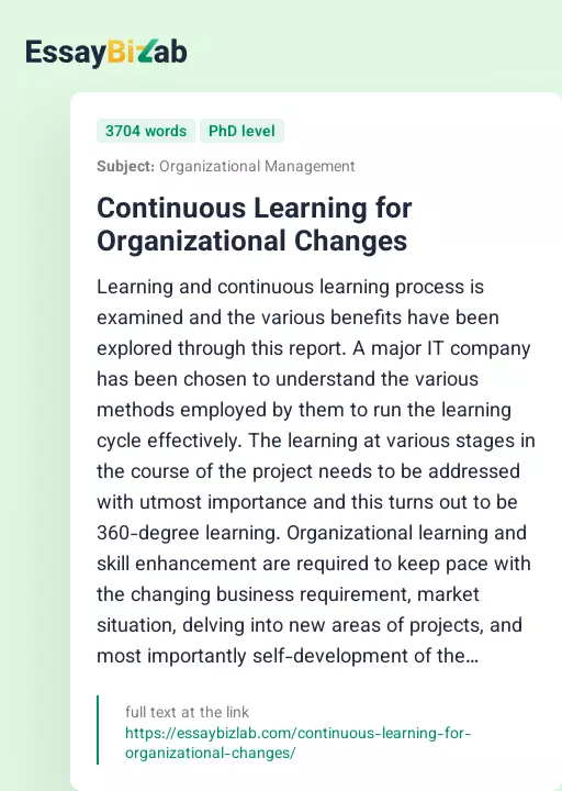 Continuous Learning for Organizational Changes - Essay Preview