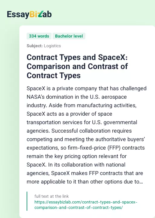 Contract Types and SpaceX: Comparison and Contrast of Contract Types - Essay Preview