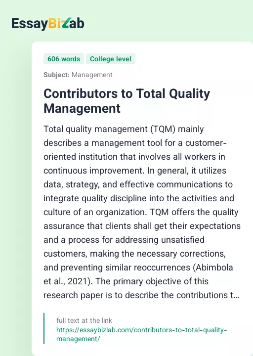 Contributors to Total Quality Management - Essay Preview