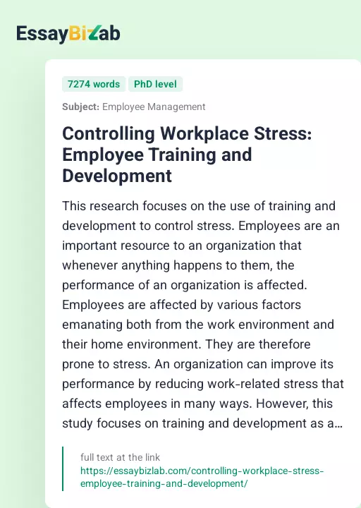 Controlling Workplace Stress: Employee Training and Development - Essay Preview