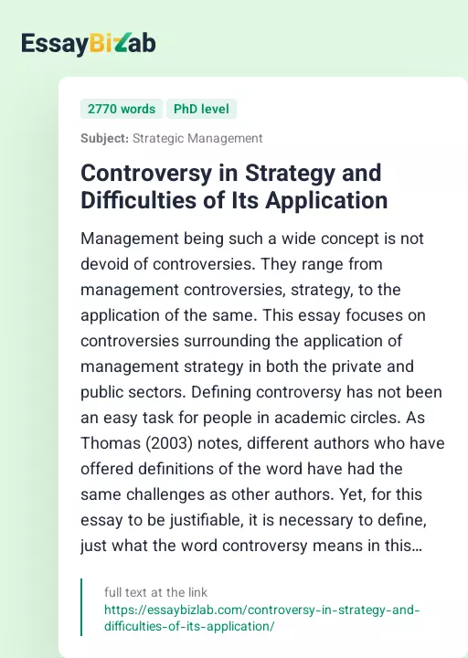 Controversy in Strategy and Difficulties of Its Application - Essay Preview