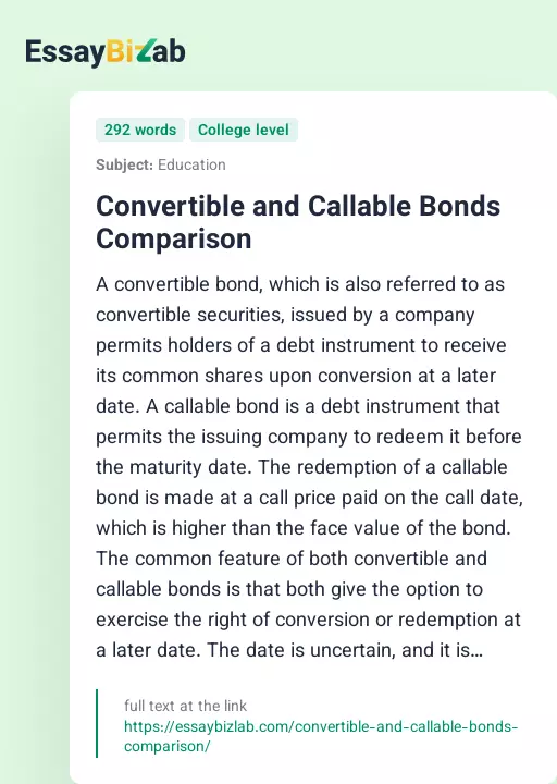 Convertible and Callable Bonds Comparison - Essay Preview