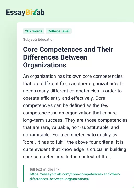 Core Competences and Their Differences Between Organizations - Essay Preview