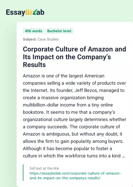 Corporate Culture of Amazon and Its Impact on the Company’s Results - Essay Preview