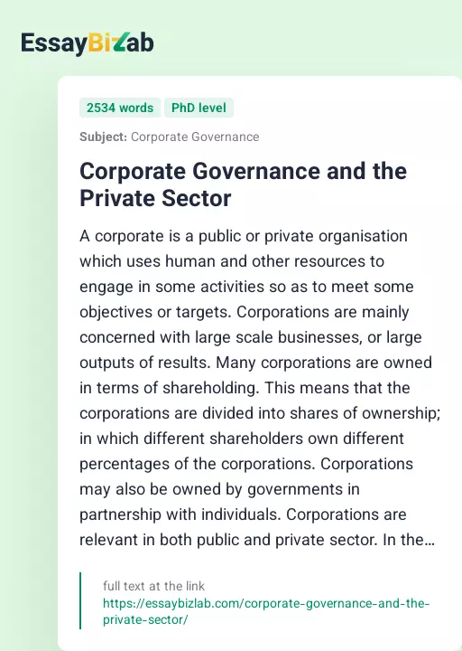 Corporate Governance and the Private Sector - Essay Preview