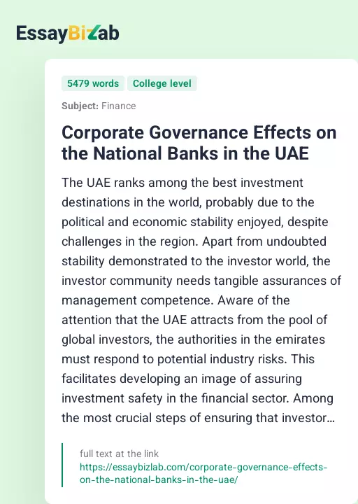 Corporate Governance Effects on the National Banks in the UAE - Essay Preview