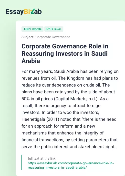 Corporate Governance Role in Reassuring Investors in Saudi Arabia - Essay Preview