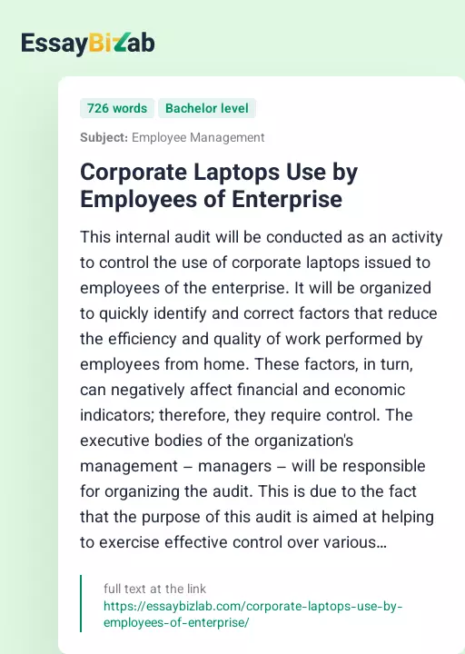 Corporate Laptops Use by Employees of Enterprise - Essay Preview