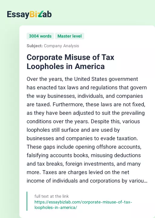 Corporate Misuse of Tax Loopholes in America - Essay Preview