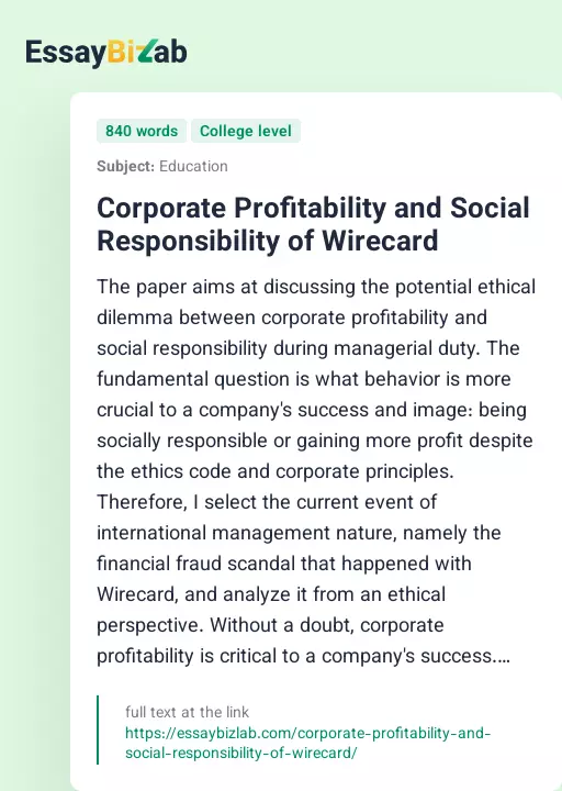 Corporate Profitability and Social Responsibility of Wirecard - Essay Preview