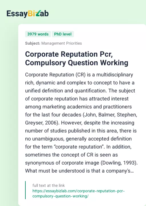 Corporate Reputation Pcr, Compulsory Question Working - Essay Preview