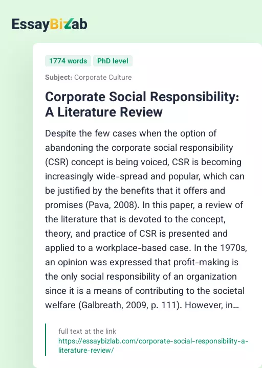 Corporate Social Responsibility: A Literature Review - Essay Preview