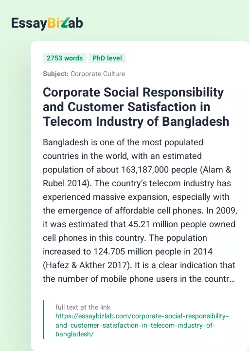 Corporate Social Responsibility and Customer Satisfaction in Telecom Industry of Bangladesh - Essay Preview