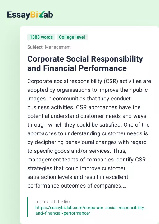 Corporate Social Responsibility and Financial Performance - Essay Preview