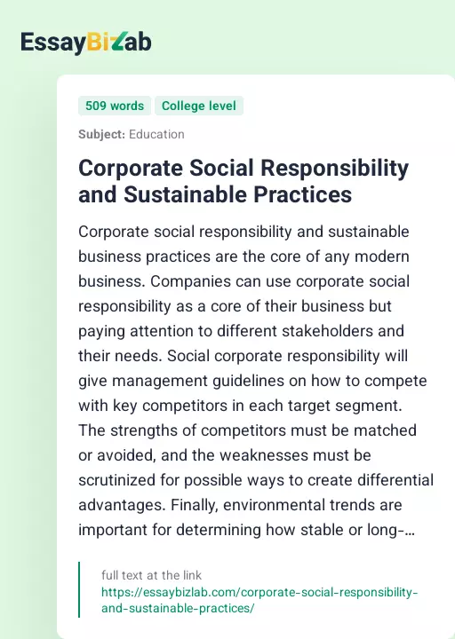 Corporate Social Responsibility and Sustainable Practices - Essay Preview