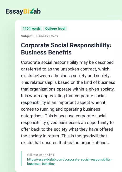 Corporate Social Responsibility: Business Benefits - Essay Preview