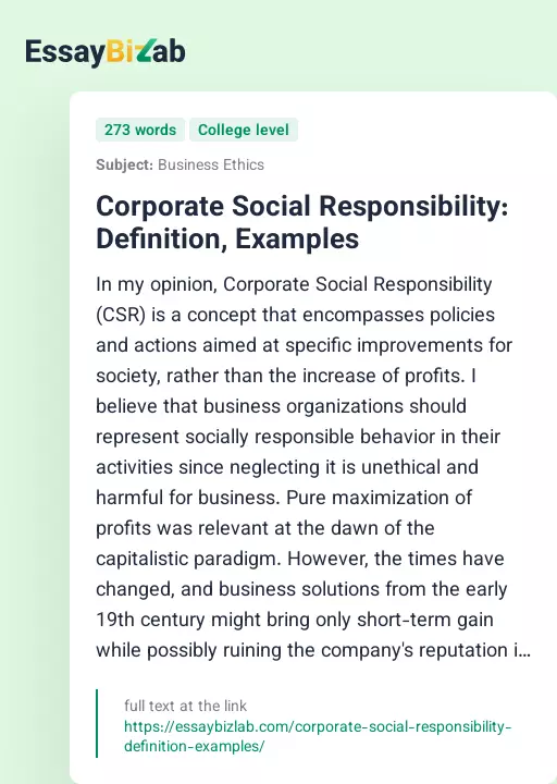 Corporate Social Responsibility: Definition, Examples - Essay Preview