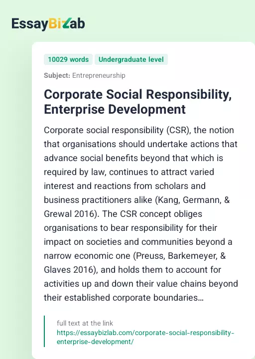 Corporate Social Responsibility, Enterprise Development - Essay Preview
