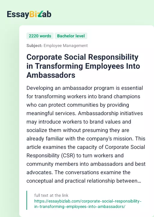 Corporate Social Responsibility in Transforming Employees Into Ambassadors - Essay Preview