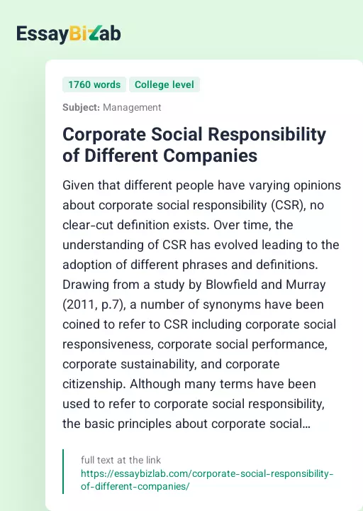 Corporate Social Responsibility of Different Companies - Essay Preview