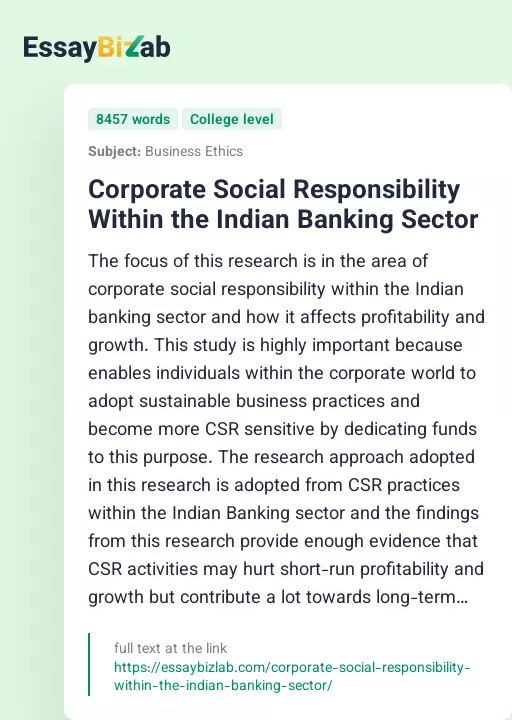 Corporate Social Responsibility Within the Indian Banking Sector - Essay Preview
