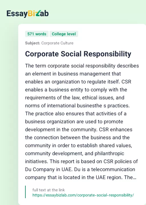 Corporate Social Responsibility - Essay Preview