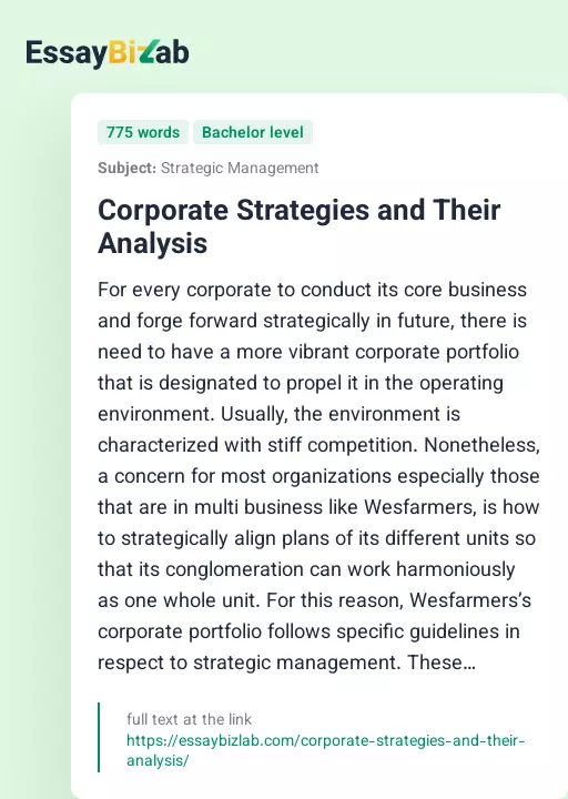 Corporate Strategies and Their Analysis - Essay Preview
