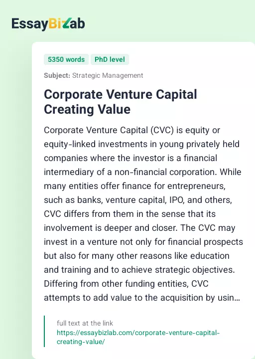 Corporate Venture Capital Creating Value - Essay Preview