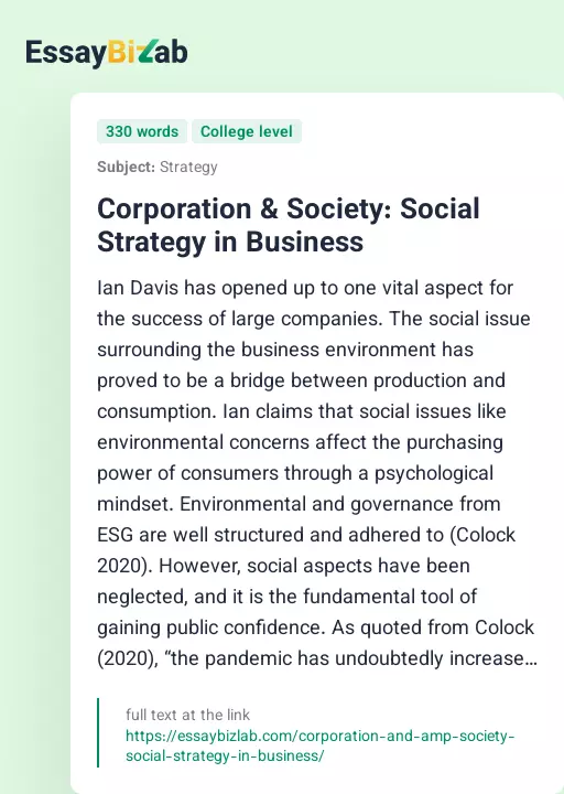 Corporation & Society: Social Strategy in Business - Essay Preview