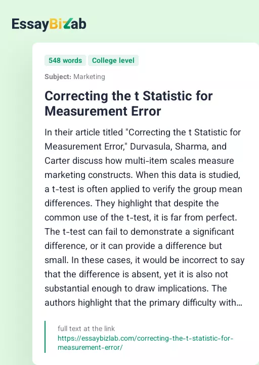 Correcting the t Statistic for Measurement Error - Essay Preview