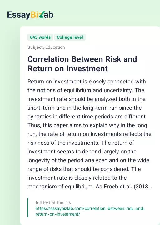 Correlation Between Risk and Return on Investment - Essay Preview