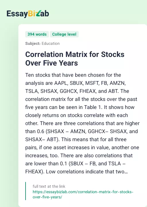 Correlation Matrix for Stocks Over Five Years - Essay Preview
