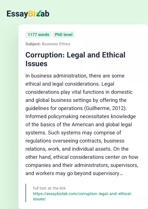 Corruption: Legal and Ethical Issues - Essay Preview