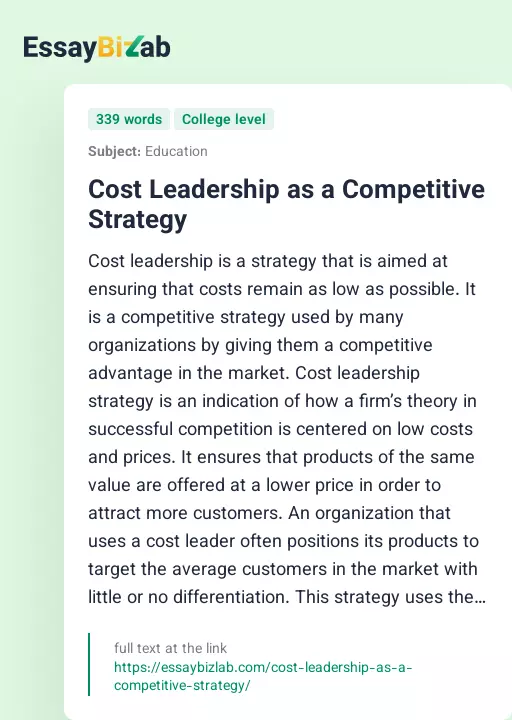Cost Leadership as a Competitive Strategy - Essay Preview