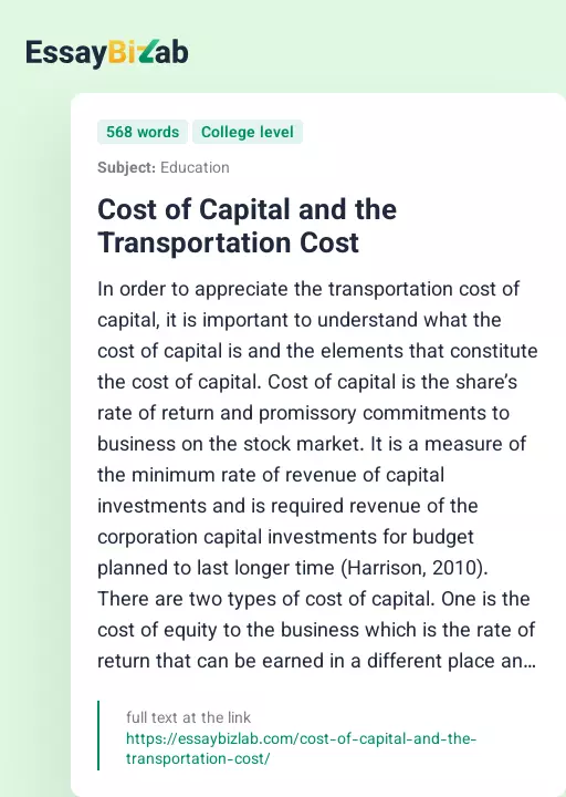 Cost of Capital and the Transportation Cost - Essay Preview