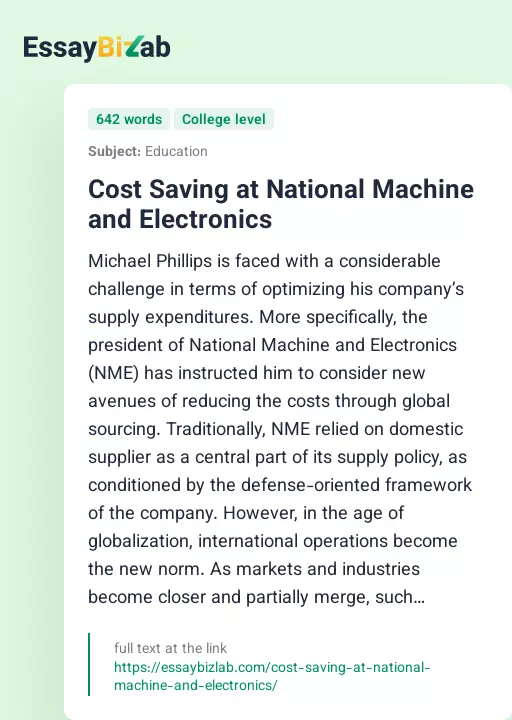 Cost Saving at National Machine and Electronics - Essay Preview