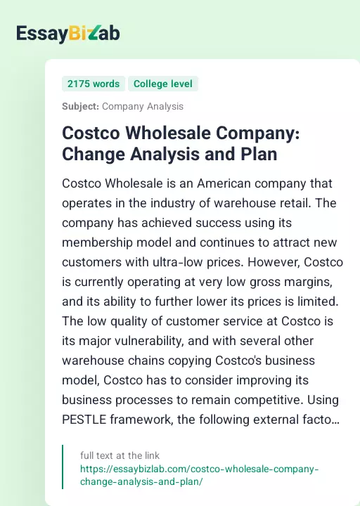 Costco Wholesale Company: Change Analysis and Plan - Essay Preview
