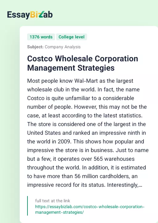 Costco Wholesale Corporation Management Strategies - Essay Preview