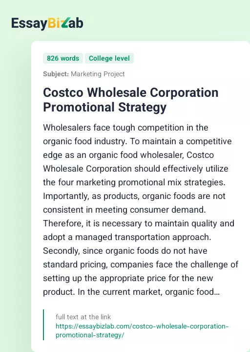 Costco Wholesale Corporation Promotional Strategy - Essay Preview