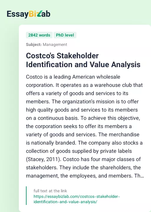 Costco's Stakeholder Identification and Value Analysis - Essay Preview