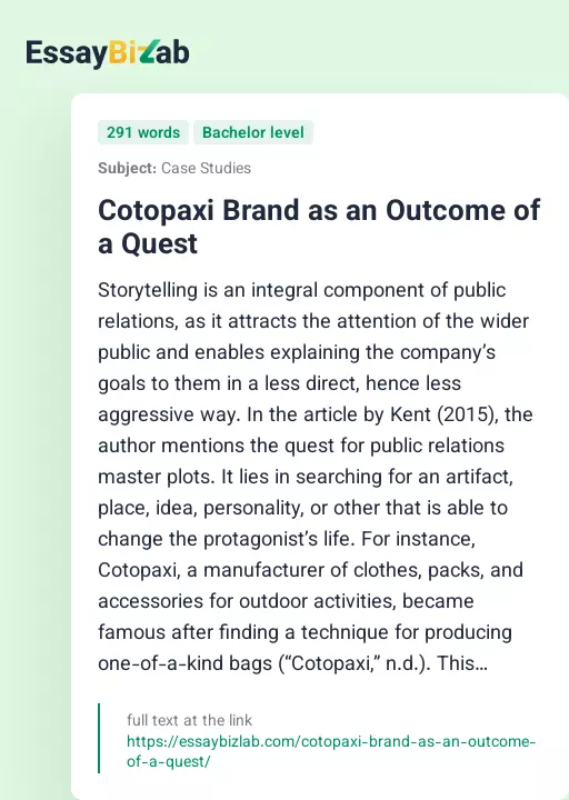 Cotopaxi Brand as an Outcome of a Quest - Essay Preview