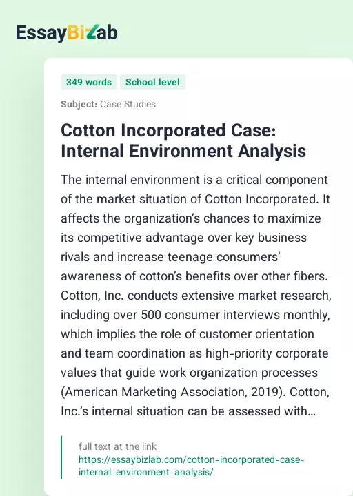 Cotton Incorporated Case: Internal Environment Analysis - Essay Preview