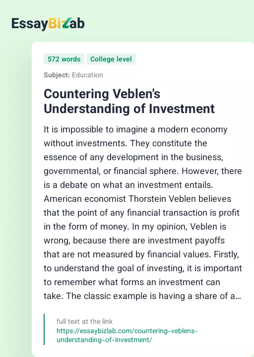 Countering Veblen's Understanding of Investment - Essay Preview