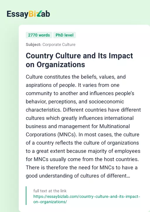 Country Culture and Its Impact on Organizations - Essay Preview