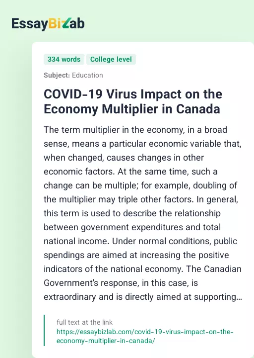 COVID-19 Virus Impact on the Economy Multiplier in Canada - Essay Preview