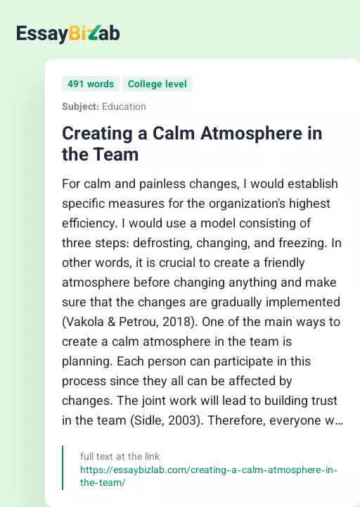 Creating a Calm Atmosphere in the Team - Essay Preview